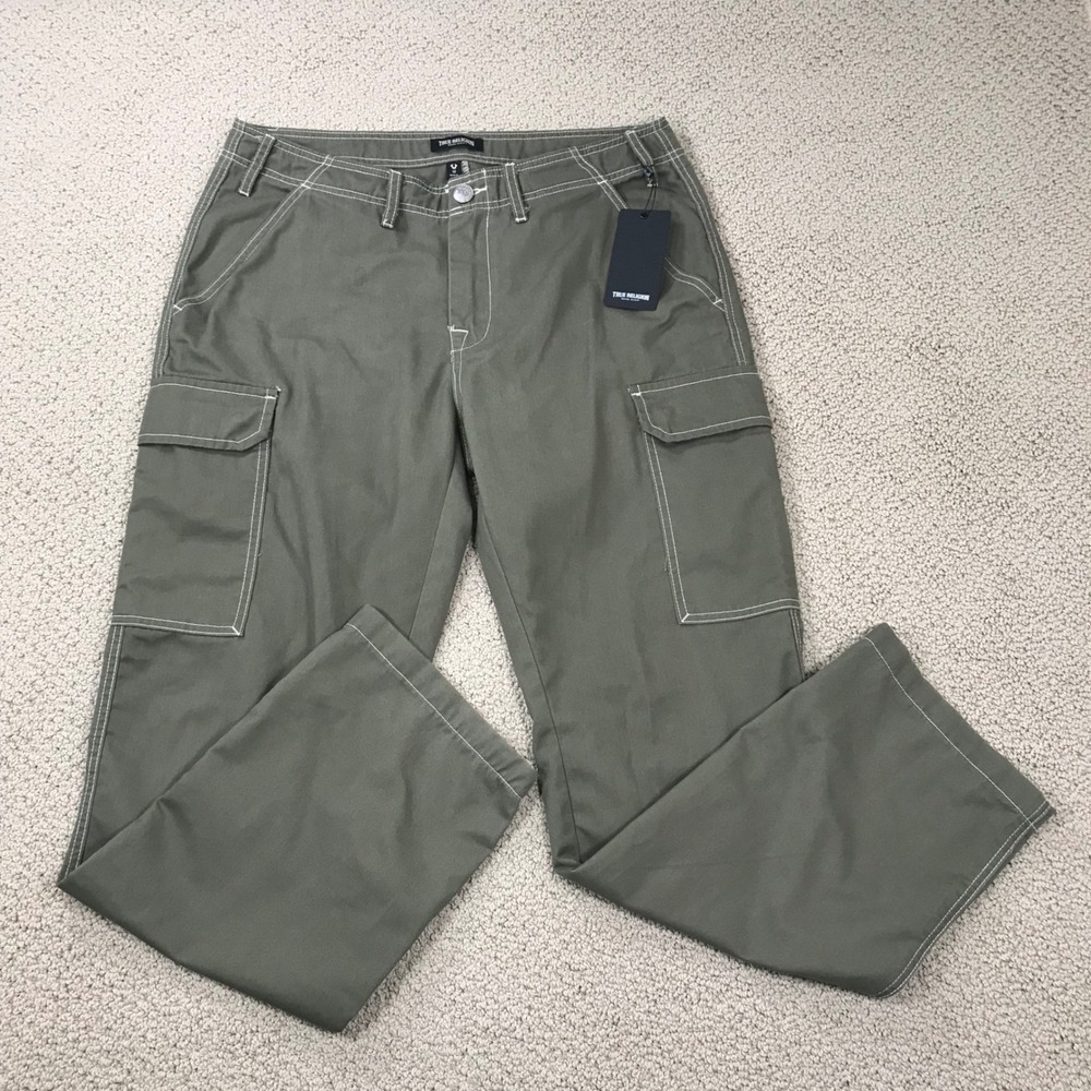 True Religion Mens Kalamata Cargo Pants Olive Green Contrast Stitch Size 32 NWT‎